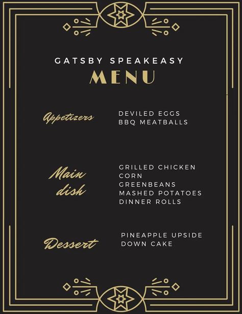 1920s Themed Food, Roaring 20s Menu Food Ideas, Great Gatsby Menu Ideas, 20s Themed Party, Dti Theme 1920s/roaring Twenties, Roaring 20s Party Invitation Template, Sweeteasy Gatsby Party, Harlem Nights Theme Party, Harlem Nights Party