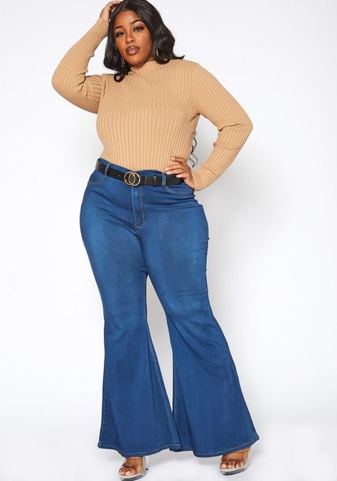 Vibrant Plus Size Bum Loving Bell Bottom Denim Jean| Asoph.com Plus Size Bell Bottoms Outfit, How To Style Bell Bottoms Jeans, Bell Bottoms Plus Size, How To Style Bell Bottoms, Plus Size Bell Bottoms, Belted Jeans, Bell Bottoms Outfit, Plus Size Chic, Batwing Sleeve Top