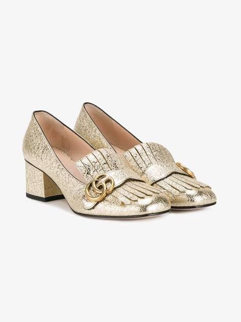 Block Heels Shoes, Gold Loafers, Metallic Loafers, Gucci Loafers, Shoes Gucci, Gucci Marmont, Metallic Shoes, Classic Heels, Block Heel Shoes