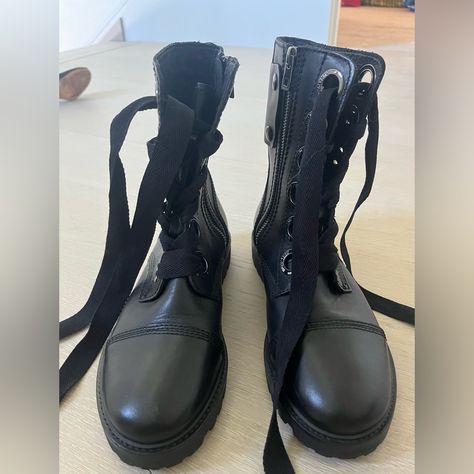 Zadig And Voltaire Lace Up Combat Boots Never Worn Size 38 With Ribbon Laces Ribbon Laces, Black Combat Boots, Lace Up Combat Boots, Zadig And Voltaire, Lace Up Boots, Shoe Laces, Black Silver, Combat Boots, Ribbon