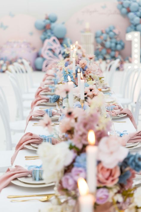 Kara's Party Ideas Dusty Pink and Blue Dreams: A Sweet 16 Extravaganza | Kara's Party Ideas Sweet 16 Cookies, Gold Table Settings, Pink Party Tables, 16 Cookies, Pink Table Settings, Pink Birthday Decorations, Blue Table Settings, Blue Sweet 16, Gold Table Setting