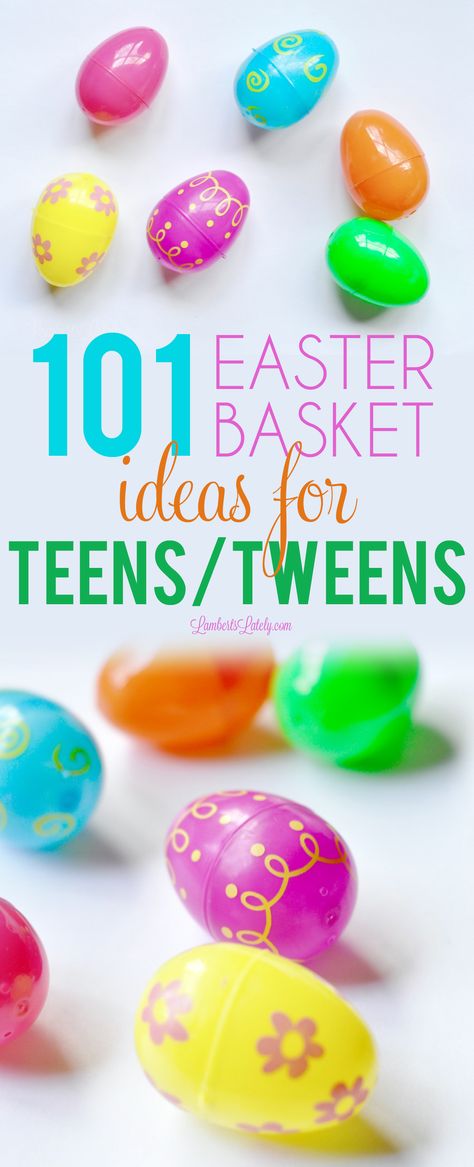 This is a great collection of 101 Easter basket ideas for teens & tweens.  Small gift ideas for teenagers that are perfect as Easter basket stuffers.  Great non-candy presents for daughters and sons, boys and girls. via @lambertslately Teenager Easter Basket, Easter Basket Ideas For Teens, Cheap Easter Baskets, Kids Baskets, Easter Basket Ideas, Easter Presents, Kids Easter Basket, Easter Basket Fillers, Easter Basket Diy