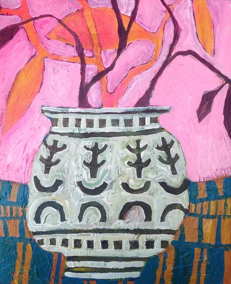 Contemporary still life painting by British Artist Abstract Still Life, Still Life Painting Acrylic, Modern Still Life, Funky Still Life, Modern Still Life Painting, Abstract Still Life Painting Contemporary Artists, Pink Still Life Painting, Whimsical Still Life, Abstract Flower Vase Painting