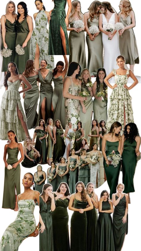 Mixed shades of green with floral bridesmaid dress collage. Bridal party dress inspiration. Shades Of Green Palette Wedding, Shades Of Green Bridesmaids, Mixed Green Bridesmaid Dresses, Green Bridesmaid Dresses Mismatched, Mismatched Green Bridesmaid Dresses, Bridesmaid Dress Inspiration, Floral Bridesmaid Dresses, Bridesmaids Dress Inspiration, Eclectic Wedding