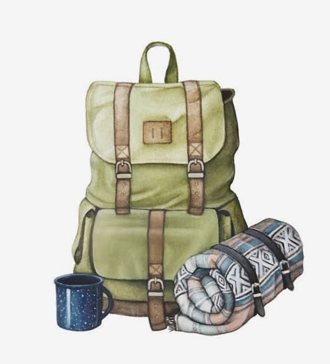 Camping Drawings, Outdoors Artwork, Camping Drawing, Backpack Drawing, Van Volkswagen, Camping Necessities, Backpack Art, Camping Desserts, Outdoor Artwork