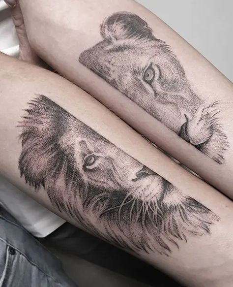 Couples Lion Tattoo, Lion And Lioness Tattoo, Roaring Lion Tattoo, Lioness Tattoo Design, Lion Tattoo Meaning, Female Lion Tattoo, Lion Forearm Tattoos, Floral Back Tattoos, Wife Tattoo