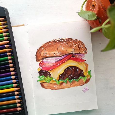 Juicy Burger 🍔🙋‍♀️🤤 The full tutorial is linked in the bio 🔗✨ #reels #reelsinstagram #art #artist #artoftheday #artofinstagram #artgallery #burger #food #trending #trendingreels #trend #pencil #3d #3dprinting #3dart Hamburger Drawing, Burger Drawing, Adjectives Grammar, Juicy Burger, Burger Food, Journal Lettering, Lettering Ideas, Colour Pencil, Bullet Journal Lettering Ideas