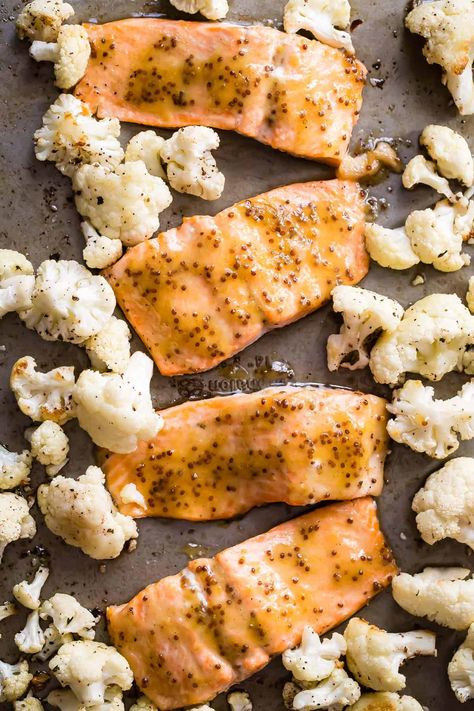 One Pan Mustard Glazed Salmon with Roasted Cauliflower - Foodness Gracious Salmon And Cauliflower, Healthy One Pan Dinner, Mustard Glazed Salmon, Healthy Salmon Recipes, Healthy Salmon, Salmon Filet, Glazed Salmon, Honey Glaze, Healthy Fish