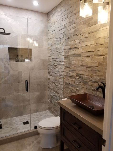 Ledger stone shower wall Ledger Stone Bathroom, Stone Bathtub Shower Combo, Bathroom Stone Wall Ideas, Ledger Stone Shower Wall, White Stone Bathroom Ideas, Stacked Stone In Bathroom, Stone Wall Tiles Bathroom, Small Stone Shower Ideas, Stone Wall Bathroom Master Bath