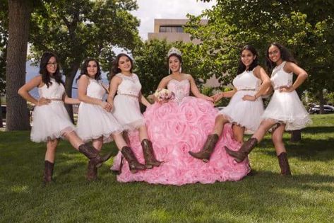 Short Quinceanera Dresses With Boots, Quince Surprise Dance Outfits Vaquera Pink, Western Themed Quinceanera, Pink Western Quinceanera, Pink Vaquera Quince, Quinceanera Court Pictures, Quinceanera Horse Pictures, Quince Court, Quinceanera Court