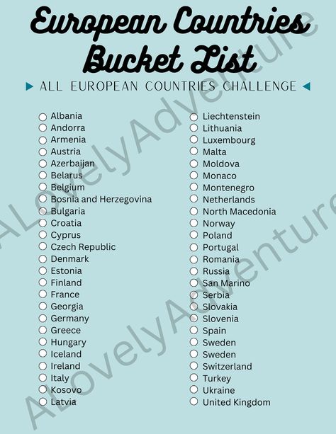 European Bucket List, All European Countries, Countries In Europe, Bucket List Ideas, Letter Format, List Ideas, European Countries, Best Places To Travel, Travel Ideas