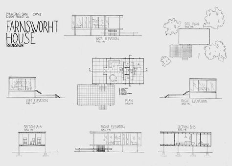 This module introduces fundamental skills for the appropriate communication of architectural design. It engages different means of visu... Farnsworth House Plan Dimensions, Farnsworth House Detail, Farnsworth House Sketch, Farnsworth House Plan, Scale Model Homes, Glass House Design, Farnsworth House, Concept Models Architecture, House Sketch