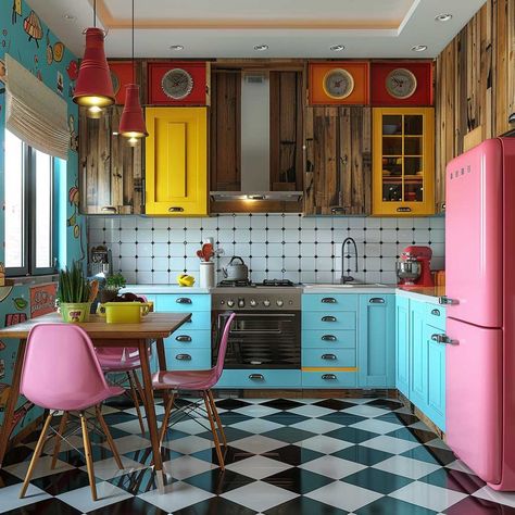 20+ Wooden Wall Paneling Designs in Vibrant Pop Art Settings • 333+ Art Images Pop Art House Decor, Wooden Wall Paneling, Wall Paneling Design, Pop Art Interior Design, Pop Art Kitchen, Eccentric Kitchen, Paneling Design, Columns Decor, Mexican Interior Design