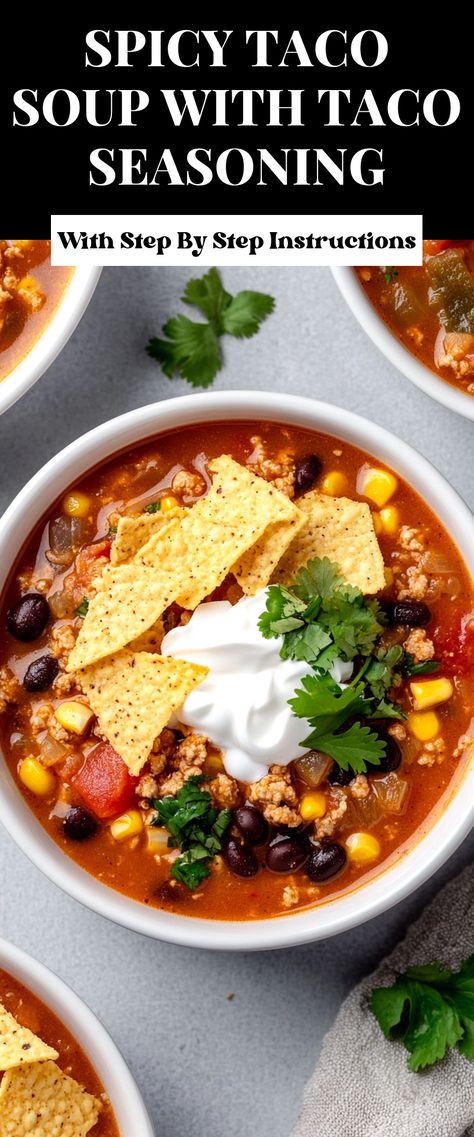 Image for Spicy Taco Soup with Taco Seasoning What To Serve With Taco Soup, 7 Can Taco Soup Recipe, Christmas Grams, Taco Soup Recipe Easy, Spicy Tacos, Pork Soup, Taco Soup Recipe, Mexican Dish, Filling Dinner