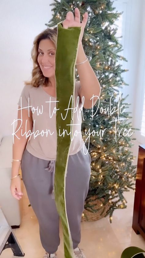 A tutorial on how to add double ribbon to your artificial tree. I made this video a little slower than others so you can follow me along… | Instagram Tree Trimmings Crafts, Wrapping Ribbon Around Christmas Tree, Beads And Ribbon Christmas Tree, Boho Theme Christmas Tree, Waterfall Ribbon On Christmas Tree, Waterfall Christmas Tree Ribbon, How To Decorate A Christmas Tree With Tulle, Christmas Tree With Ribbons Ideas, How To Add Tulle To Christmas Tree