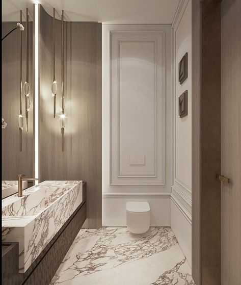 Bathroom French Style, Luxury Toilet Design Modern, Modern Parisian Bathroom, Neo Classical Bathroom, Bathroom Panelling Ideas, Small Elegant Bathroom, Luxury Toilet Design, Interior Design Toilet, French Interior Style