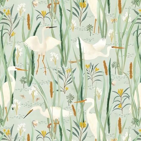 Green Contacts, White Crane, Boho Wallpaper, Paper Floral, Vinyl Paper, Nursery Wallpaper, Contact Paper, Yellow Fabric, Green Wallpaper