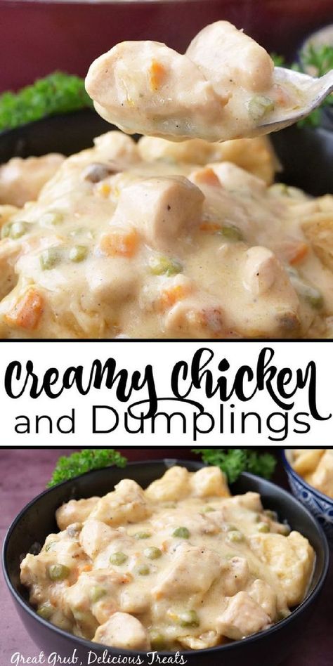 A double photo collage of creamy and delicious chicken and dumplings. Homemade Chicken And Dumplings Recipe, Quick Chicken And Dumplings, Easy Dumplings Recipe, Homemade Dumplings Recipe, Best Chicken And Dumplings, Creamy Chicken And Dumplings, Chicken N Dumplings, Chicken Dumpling Soup, Chicken Dumplings Recipe