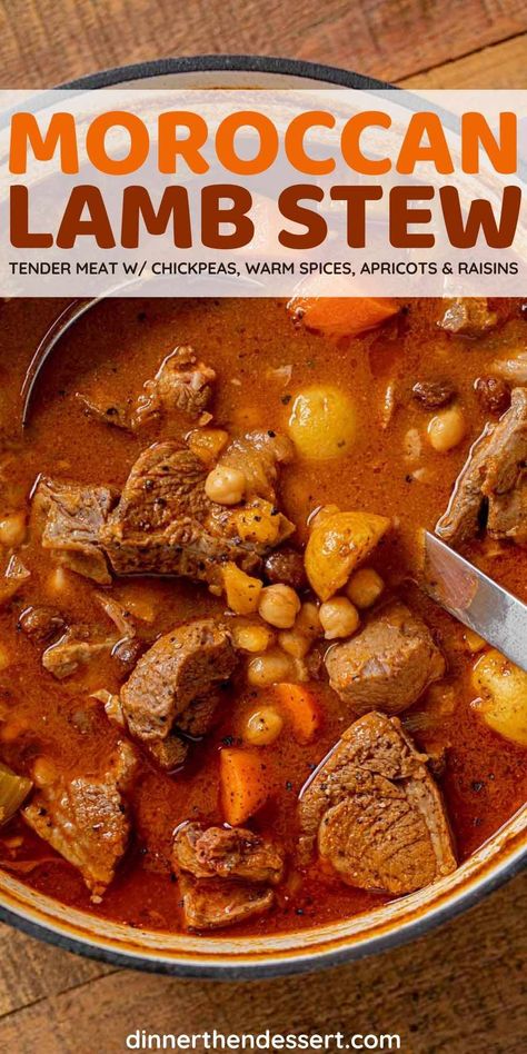 Moroccan Lamb Stew is a traditional dish with fall-apart tender lamb, chickpeas, warm spices, apricots, and raisins. It's an easy one-pot recipe! #dinner #lamb #moroccan #stew #comfortfood #dinnerthendessert Lamb Recipes Oven, Moroccan Lamb Stew, Slow Beef Stew, Moroccan Stew, Lamb Stew Recipes, Moroccan Lamb, Moroccan Dishes, Tagine Recipes, Moroccan Spices