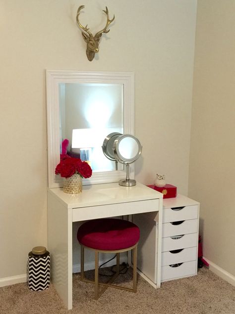 Makeup Vanity Ikea Micke Desk Target Threshold Pink Ottoman Diy Makeup Vanity Table, Makeup Room Diy, Ikea Micke Desk, Makeup Room Decor, Makeup Table Vanity, Diy Vanity, Vanity Room, Makeup Rooms, Bedroom Vanity