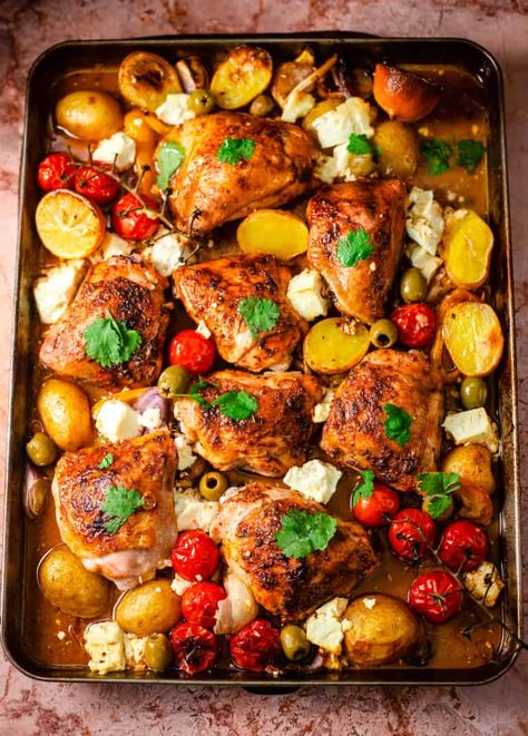 Mediterranean Chicken Tray Bake, One Tray Chicken And Vegetables, Ideas For Ramadan, Mediterranean Diet Chicken, Iftar Ideas, Mediterranean Lunch, Greek Chicken And Potatoes, Sweet Potato Gratin, Mediterranean Recipes Healthy