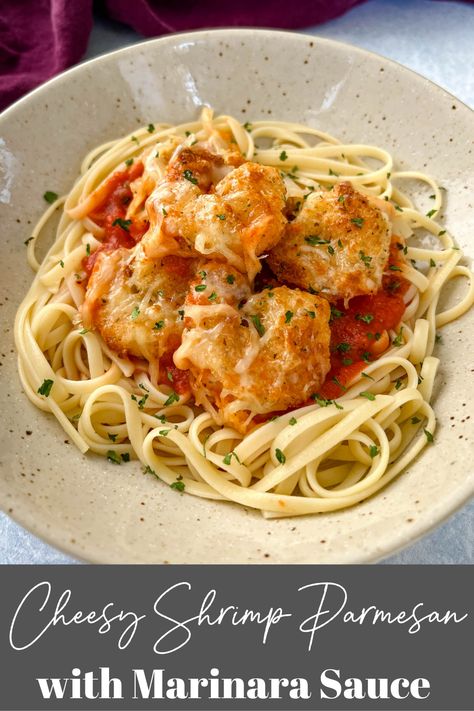 This Easy Shrimp Parmesan (Parmigiana) recipe is made with seafood coated in breadcrumbs, garlic, parmesan cheese, mozzarella, and marinara sauce. Bake or air fry for crispy breading. Serve this weeknight dinner with pasta if you wish. Shrimp Parm, Dinner With Pasta, Shrimp Parmigiana, Ninja Combi, Parmigiana Recipe, Pasta Marinara, Shrimp Parmesan, Cheese Mozzarella, Marinara Sauce Recipe