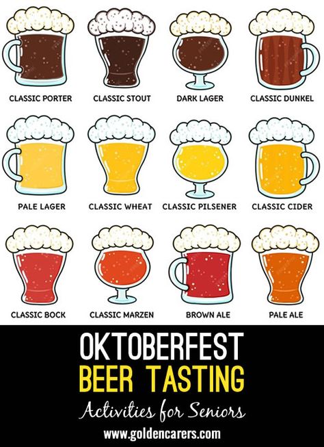 Cheers & Beers: Oktoberfest Beer Tasting: This fun and engaging beer tasting activity is perfect for celebrating Oktoberfest or any gathering! Here’s how to get started: Dark Lager, Porter Classic, Pale Lager, Oktoberfest Beer, Senior Activities, Brown Ale, Magazine Collage, Beer Tasting, Free Activities