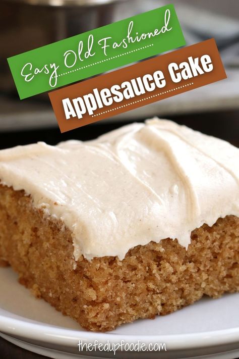 This easy old fashioned Apple Sauce Cake is perfect for parties, Sunday dinner, holidays or as a simple weeknight dessert. It's fluffy, moist and delicious. #AppleSauceRecipes #AppleSauceCake #ApplesauceCakeEasy #AppleCake #OldFashionedCakeRecipes No Oil Apple Cake, One Bowl Applesauce Cake, Apple Sauce Cake With Cinnamon Cream Cheese Frosting, Apple Sauce Cupcakes, Spiced Applesauce Cake, Dessert Made With Applesauce, What To Bake With Buttermilk, Apple Puree Cake Recipe, Easy Applesauce Cake Recipes