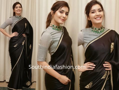 Raashi Khanna in a black saree Offbeat Lehenga, Blouse Sleeves Design Latest, Blouse Front Neck Designs, Blouse Front Neck, Lehenga Blouses, Black Saree Blouse, Farewell Sarees, Raashi Khanna, Blouse Designs High Neck