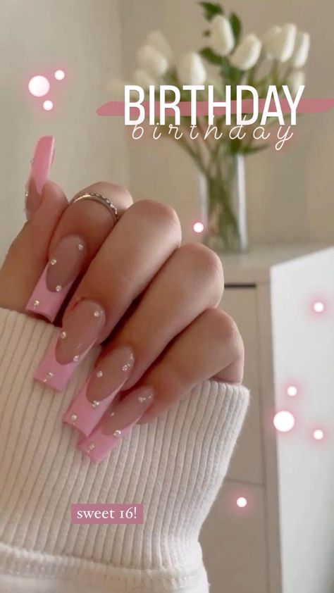 Birthday nails sweet 16 baby pink simple pretty cute aesthetic instagram story idea template French Tip Acrylic Nails, Colorful Nails, Long Acrylic Nails Coffin, Acrylic Nails Coffin Pink, Long Square Acrylic Nails, Her Nails, Acrylic Nails Coffin Short, Pink Acrylic Nails, Pink Acrylic