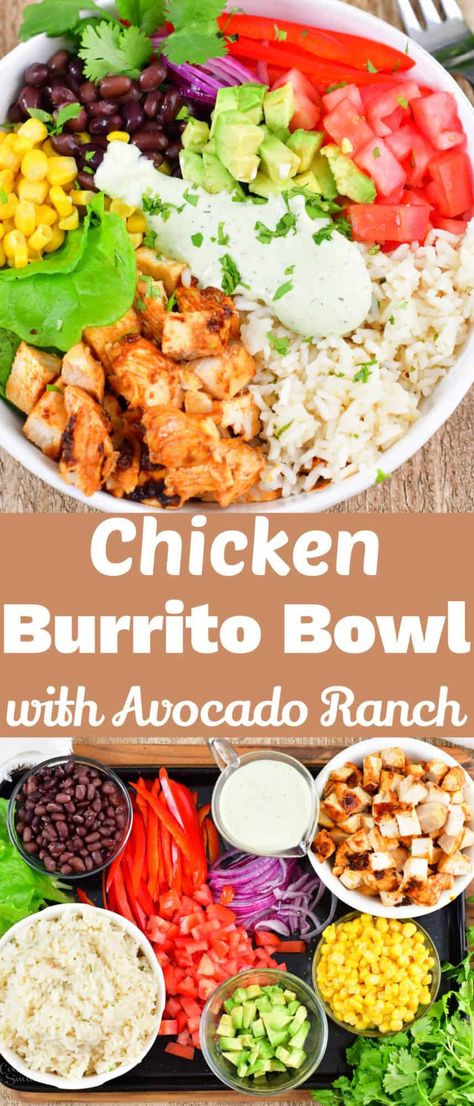 These flavorful chicken burrito bowls feature the best parts of a burrito like juicy, seasoned chicken, cilantro rice, your favorite vegetables, and avocado ranch dressing. Next time you want easy and delicious dinner, don't bother with take out at Chipotle and instead, make some at home! Chicken Avocado Rice, Homemade Avocado Ranch Dressing, Chicken Cilantro, Avocado Ranch Dressing, Chicken Burrito Bowls, Burrito Bowls Recipe, Cilantro Rice, Recipe Using Chicken, Avocado Ranch