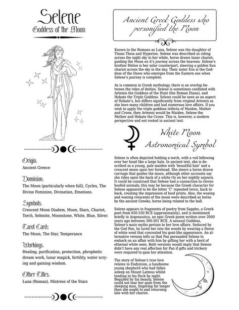 Selene, Moon Goddess from the Greek pantheon. In Roman mythos she was Luna, Goddess of the moon. PDF printable grimoire pages for moon magic. Luna Goddess Of The Moon, Selene Greek Goddess, Selene Moon Goddess, Planet Astrology, Luna Goddess, Printable Grimoire Pages, Goddess Magick, The Book Of Shadows, Grimoire Pages