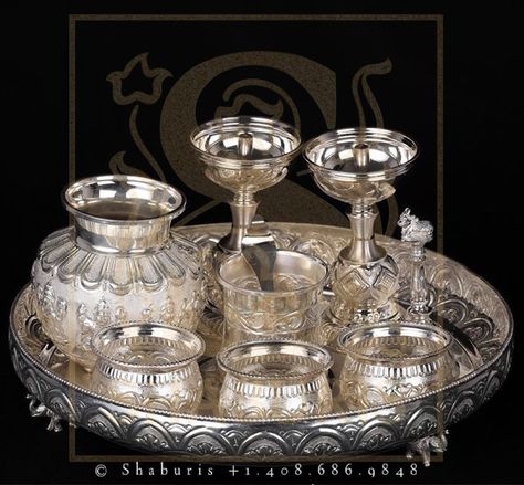 Silver Pooja Thali, Unique Gifting Ideas, Silver Market, Silver Articles, Pooja Thali, Silver Lamp, Silver Pooja Items, Pooja Room Design, Silver Bowl