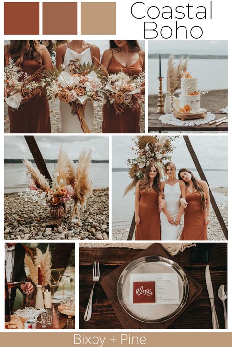 Taupe And Rust Wedding, Rust And Tan Wedding Decor, Rust Beach Wedding, Rust Beige And Sage Green Wedding Decor, Burnt Orange Beach Wedding, October Beach Wedding Colors, November Beach Wedding Colors, Tan And Rust Wedding, Boho Wedding Colors Palette Summer