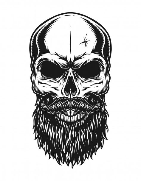 Vintage trendy bald hipster skull templa... | Premium Vector #Freepik #vector #vintage Human Skeleton Parts, Bearded Skull Tattoo, Small Skull Tattoo, Skull Template, Vinyle Cricut, Skull Beard, Barber Logo, Viking Skull, Monochrome Illustration