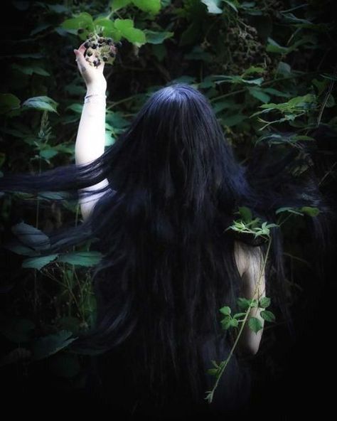 Long Raven Black Hair, Snapes Daughter Aesthetic, Girl With Black Hair Aesthetic, Blue Hair Aesthetic, Black Hair Aesthetic, Girls With Black Hair, Fantasy Magic, Mystical Forest, Super Long Hair