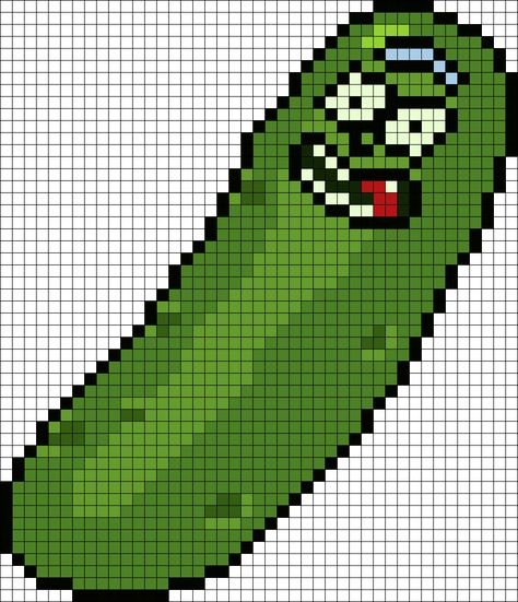 Badly Proportioned And Colored Pickle Rick From Rick And Morty Perler Bead Pattern / Bead Sprite Rick And Morty Fuse Beads, Rick And Morty Crochet Pattern, Pickle Rick Pixel Art, Pickle Rick Perler Beads, Perler Beads Rick And Morty, Rick And Morty Pixel Art Grid, Rick And Morty Alpha Pattern, Rick And Morty Perler Bead Patterns, Rave Pixel Art