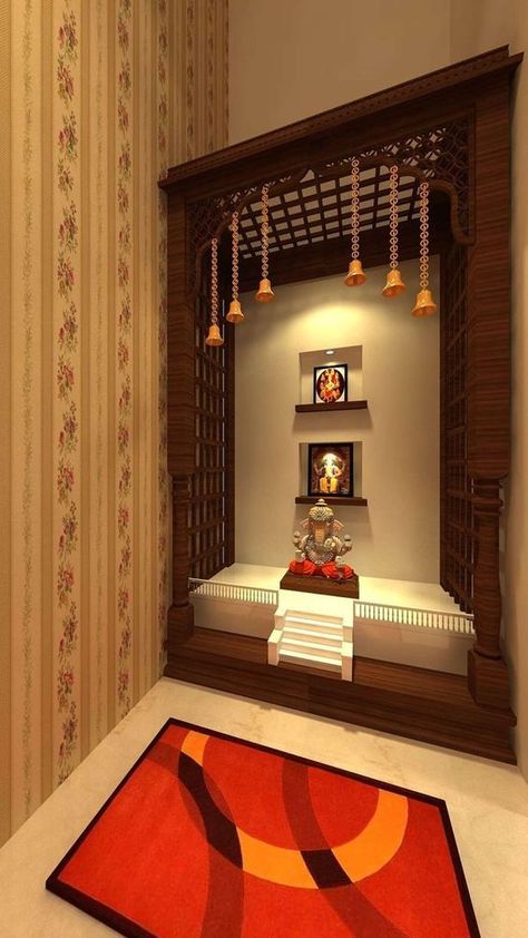 Prayer Room Designs by Architect Pushpendra Gurjar, Indore | Kolo House Temple Design, Wood Mandir Design, Spot Light Ideas, Pooja Room Interior, House Temple, Temple Room, Indian Room Decor, Temple Design For Home, Small House Interior