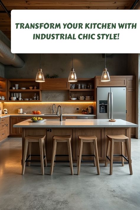 Discover how to blend concrete floors and rustic elements in your kitchen for a stunning industrial chic design. From metal accents to reclaimed wood, learn the essential tips to create a functional and stylish space that's perfect for cooking and entertaining. Burnished Concrete Floor Kitchen, Wood And Cement Kitchen, Kitchen Design Concrete Floor, Concrete Countertops With Wood Cabinets, Concrete Flooring Kitchen, Cement Floor Kitchen, Kitchen With Concrete Floors, Concrete Floors Ideas, Concrete And Wood Kitchen