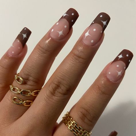 Gel x nails french nails brown stars French Tip Nails With Star Design, Cute Brown French Tip Nails, Brown French Tip Nails Acrylic With Butterfly, Different Brown French Tip Nails, Brown Nails With Stars, Cute Brown Nail Ideas, Brown Gel X Nails, Square Nails Brown, Dark Brown French Tip Nails