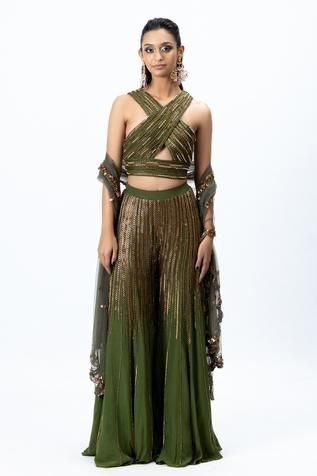 Shop for Nirmooha Green Nokia Silk Embroidered Crop Top And Gharara Set for Women Online at Aza Fashions Embroidered Sharara, V Neck Crop Top, Embroidered Crop Tops, Sharara Set, Green Sequins, Embroidered Neckline, Net Dupatta, Indian Fashion Designers, Silk Embroidery