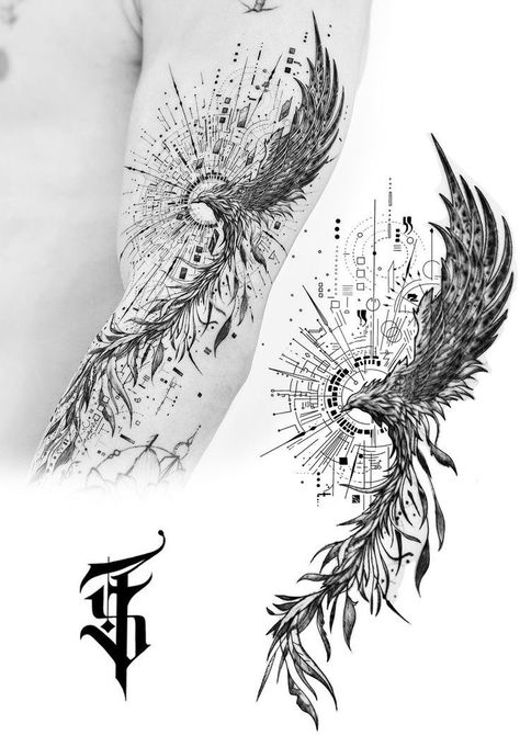 Phinox Tattoo For Men, Greek Phoenix Tattoo, Mens Pheonix Tattoo Ideas, Back Of Tricep Tattoo Men Ideas, Phoenix Geometric Design, Back Phoenix Tattoo For Men, Phoenix Tattoo Man, Phoenix Tattoo Design Men Forearm, Phoenix Sketch Tattoo