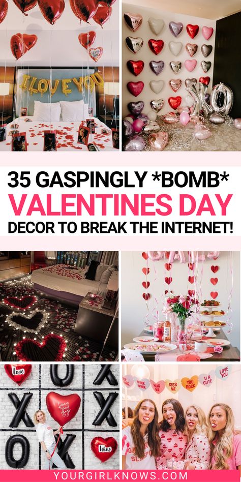 Are you ready to swoon over the ultimate collection of Valentine's Day decorations? Discover how you can transform your space into a love haven! From dazzling home setups, dreamy party decor, enchanting bedrooms, to cozy hotel room delights, we've got it all covered! Valentines Room Decor Ideas, Valentines Day Room Decor Romantic Bedroom Ideas, Decorate Room For Valentines Day, Hotel Room Set Up For Valentines Day, Valentines Day Setup Romantic, Valentine’s Day Bedroom Decor, Valentines Day Decorations Bedroom, Decorated Rooms For Valentines Day, Valentine Room Decor