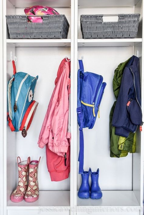 This super-simple DIY mudroom billy bookcase hack is perfect for small entryways, mudrooms, garages, hallways, and more! It has hooks for backpacks and coats, and shelves for storage! Storage Cubby Ideas, Entryway Cubbies, Backpack Station, Ikea Mudroom, School Bag Storage, Cubby Ideas, Coat And Shoe Storage, Backpack Organizer, Billy Ikea