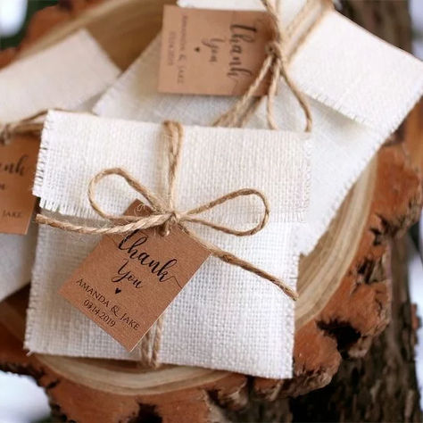 a couple of tags tied to a tree stump Burlap Wedding Favor Bags, Burlap Wedding Favors, Jute Wedding, Burlap Favor Bags, Favor Bags Wedding, Welcome Home Banners, Happy Easter Banner, Burlap Gift Bags, Burlap Bags