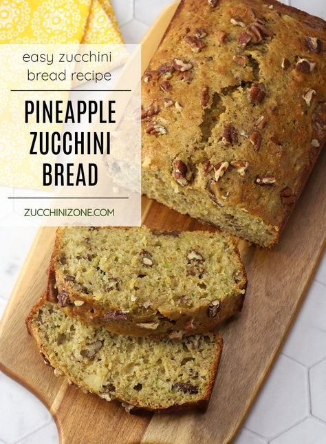 Pineapple zucchini bread recipe by Zucchini Zone. Pineapple zucchini bread is a sweet bread recipe that's perfect for summer baking. Crushed pineapple makes this bread extra moist and sweet with a delicate tropical flavor. #pineapplezucchinibread #zucchinibread #summerbaking #quickbread #recipe Zucchini Bread With Pineapple, Zucchini Bread Recipe, Easy Zucchini Bread Recipes, Moist Zucchini Bread, Pineapple Bread, Easy Zucchini Bread, Zucchini Bread Healthy, Summer Baking, Healthy Bread