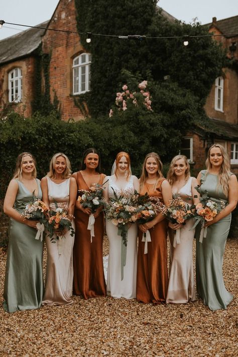 The bride stood among her bridesmaids, dressed in teal, orange, and ivory, like a beautiful bouquet of colors."| Image by Laura Dean Fall Bridesmaid Dress Colors, Dreamy Flowers, Fall Wedding Bridesmaids, Brown Bridesmaid Dresses, Teal Bridesmaid Dresses, Dresses Photography, Orange Bridesmaid, Fall Bridesmaids, Fall Bridesmaid Dresses