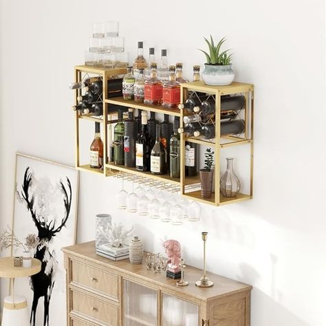 Amazon.com: KaKaBB Metal Wall Mounted Wine Rack 2 Tier, Bar Shelves for Liquor Bottles with Glass Holder Storage, Floating Liquor Wall Shelf for Home Bar Kitchen Dining Room (Black) : Home & Kitchen Liquor Wall Shelf, Shelves For Liquor Bottles, Wall Bar Cabinet, Liquor Wall, Desert Inspo, Wall Mounted Shelving Unit, Dining Room Black, Liquor Storage, Home Bar Kitchen