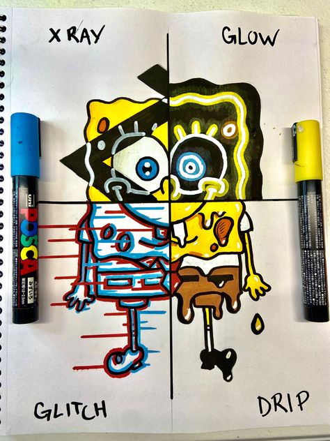 Spongebob Spongebob Glitch Drawing, 4 Style Drawing, Drawing With Paint Markers, Graffiti Spongebob, Spongebob Drawings Art, Cool Marker Drawings, Drawing Spongebob, Spongebob Squarepants Drawing, Different Styles Of Art