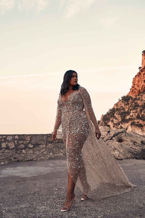 Gold Gown Plus Size, Jennifer Atilémile, Rose Gold Gown, Gold Wedding Gowns, One Day Bridal, Gold Gown, Curvy Bride, Polka Dot Wedding, Wrap Around Skirt